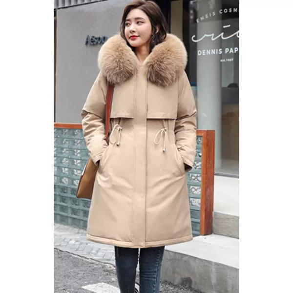 chouyatou Womens Windproof Sherpa Lined Long Winter Parka Coat Faux Fur HoodKhaki