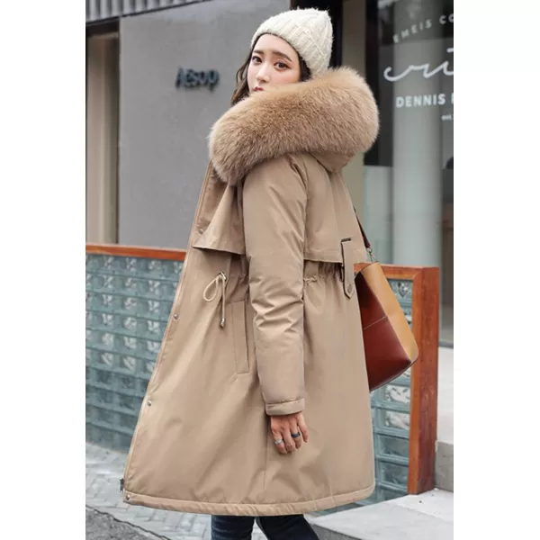 chouyatou Womens Windproof Sherpa Lined Long Winter Parka Coat Faux Fur HoodKhaki