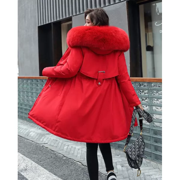 chouyatou Womens Windproof Sherpa Lined Long Winter Parka Coat Faux Fur HoodRed