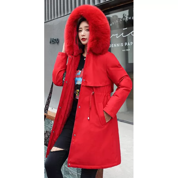 chouyatou Womens Windproof Sherpa Lined Long Winter Parka Coat Faux Fur HoodRed