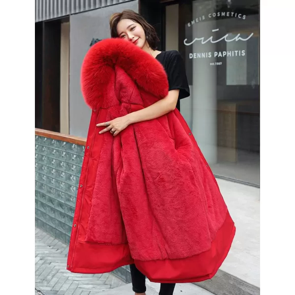 chouyatou Womens Windproof Sherpa Lined Long Winter Parka Coat Faux Fur HoodRed