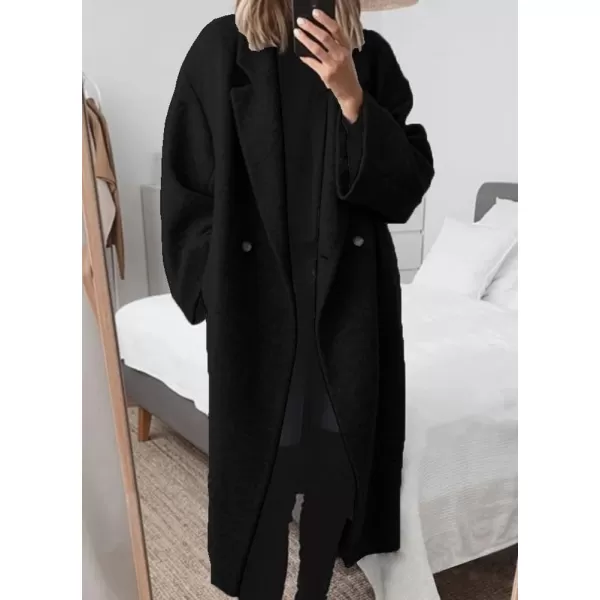 chouyatou Womens Winter Double Breasted Wool Coat Long Sleeve Notch Lapel Long Trench CoatBlack