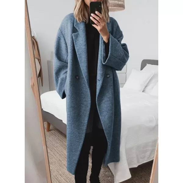 chouyatou Womens Winter Double Breasted Wool Coat Long Sleeve Notch Lapel Long Trench CoatBlue