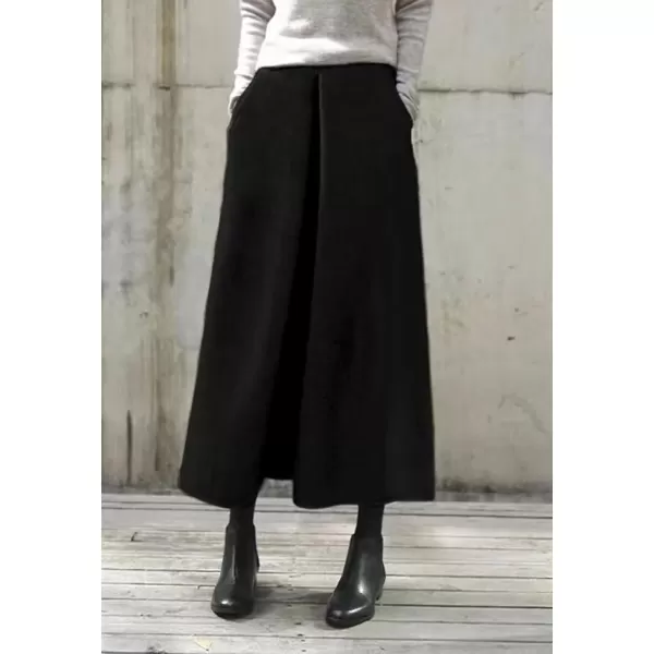 chouyatou Womens Winter Elastic High Waisted Wool Blend Wide Leg Pants Cropped Palazzo Trousers CulottesBlack