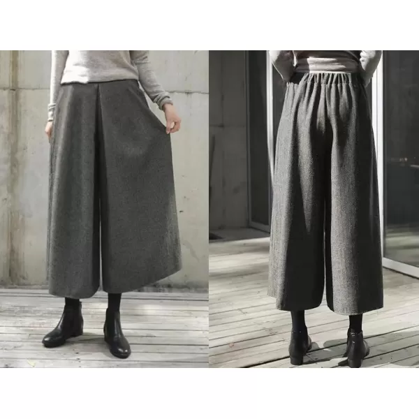 chouyatou Womens Winter Elastic High Waisted Wool Blend Wide Leg Pants Cropped Palazzo Trousers CulottesGrey