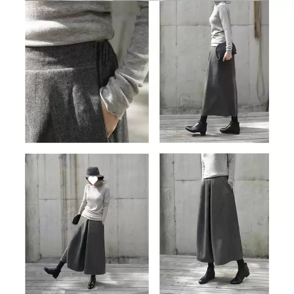 chouyatou Womens Winter Elastic High Waisted Wool Blend Wide Leg Pants Cropped Palazzo Trousers CulottesGrey