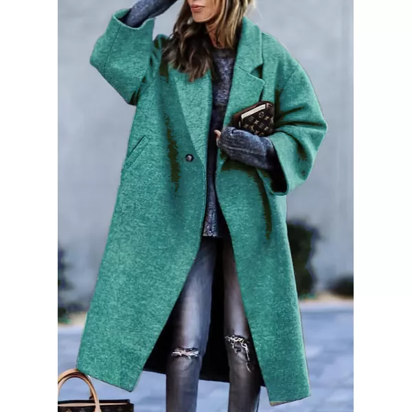chouyatou Womens Winter Single Breasted Midi Long Wool Coat Notch Lapel Dressy Casual Winter Trench CoatCyan