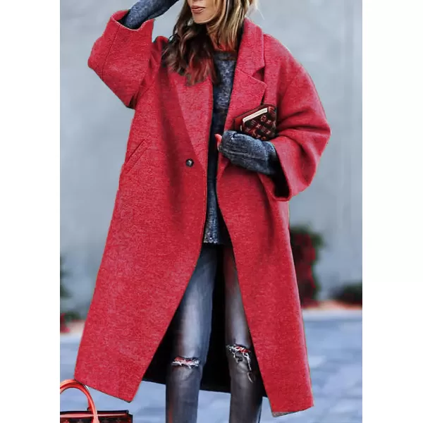chouyatou Womens Winter Single Breasted Midi Long Wool Coat Notch Lapel Dressy Casual Winter Trench CoatRed