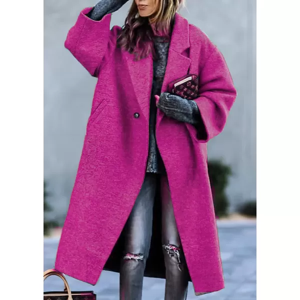 chouyatou Womens Winter Single Breasted Midi Long Wool Coat Notch Lapel Dressy Casual Winter Trench CoatRose Red