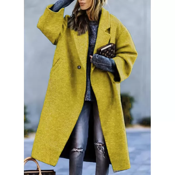 chouyatou Womens Winter Single Breasted Midi Long Wool Coat Notch Lapel Dressy Casual Winter Trench CoatYellow