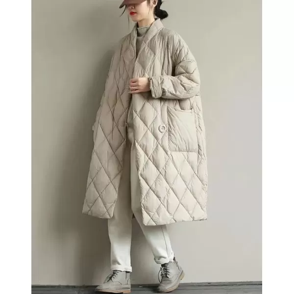 chouyatou Womens Winter Warm Puffer Jacket Stand Collar Diamond Quilted Oversized Long Puffy Down CoatBeige