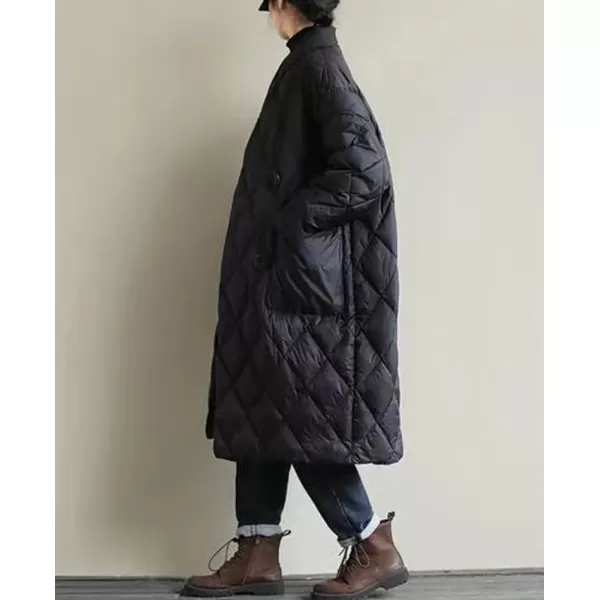 chouyatou Womens Winter Warm Puffer Jacket Stand Collar Diamond Quilted Oversized Long Puffy Down CoatBlack