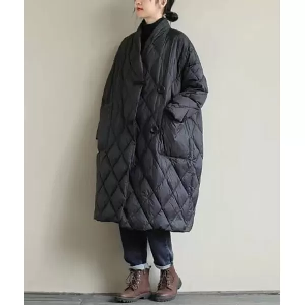 chouyatou Womens Winter Warm Puffer Jacket Stand Collar Diamond Quilted Oversized Long Puffy Down CoatBlack