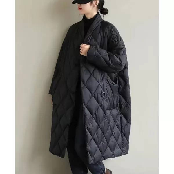chouyatou Womens Winter Warm Puffer Jacket Stand Collar Diamond Quilted Oversized Long Puffy Down CoatBlack