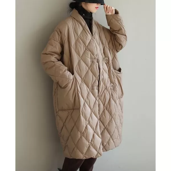 chouyatou Womens Winter Warm Puffer Jacket Stand Collar Diamond Quilted Oversized Long Puffy Down CoatKhaki