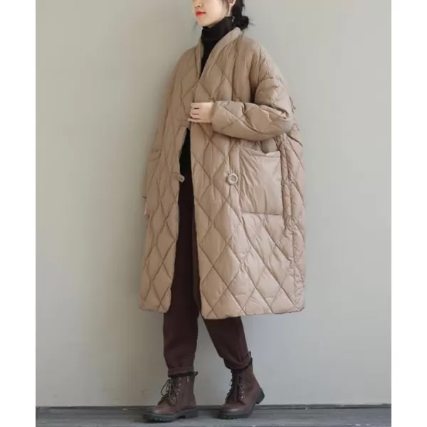 chouyatou Womens Winter Warm Puffer Jacket Stand Collar Diamond Quilted Oversized Long Puffy Down CoatKhaki