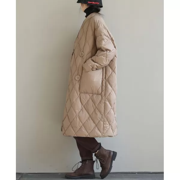chouyatou Womens Winter Warm Puffer Jacket Stand Collar Diamond Quilted Oversized Long Puffy Down CoatKhaki