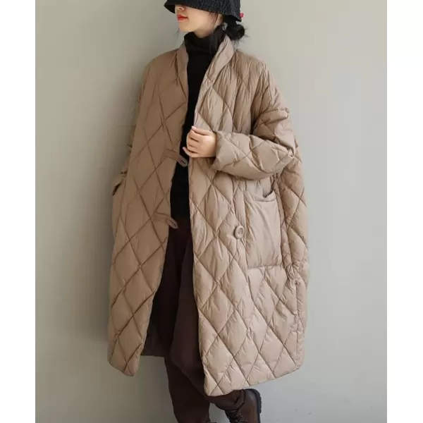 chouyatou Womens Winter Warm Puffer Jacket Stand Collar Diamond Quilted Oversized Long Puffy Down CoatKhaki