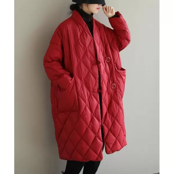 chouyatou Womens Winter Warm Puffer Jacket Stand Collar Diamond Quilted Oversized Long Puffy Down CoatRed