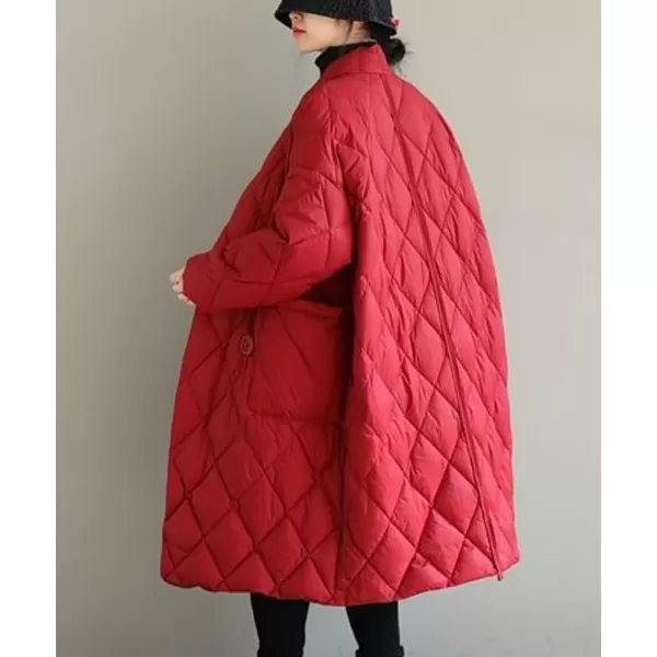 chouyatou Womens Winter Warm Puffer Jacket Stand Collar Diamond Quilted Oversized Long Puffy Down CoatRed