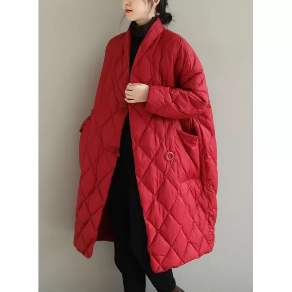 chouyatou Womens Winter Warm Puffer Jacket Stand Collar Diamond Quilted Oversized Long Puffy Down CoatRed