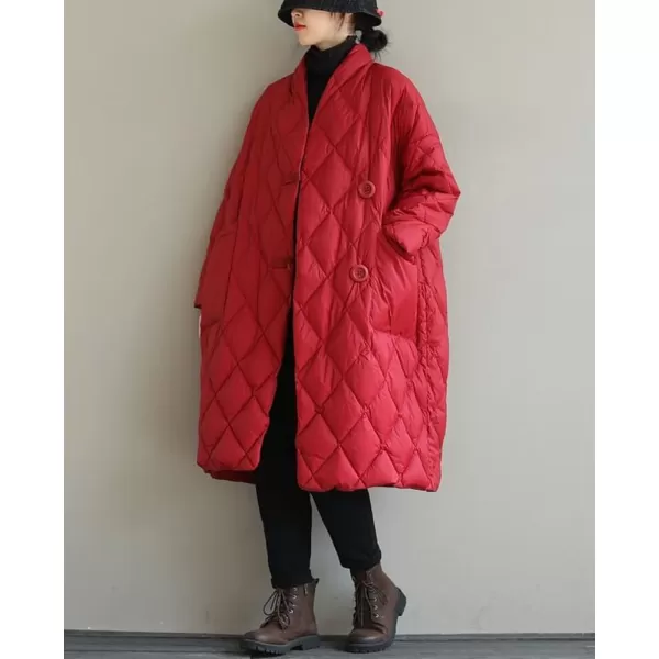 chouyatou Womens Winter Warm Puffer Jacket Stand Collar Diamond Quilted Oversized Long Puffy Down CoatRed