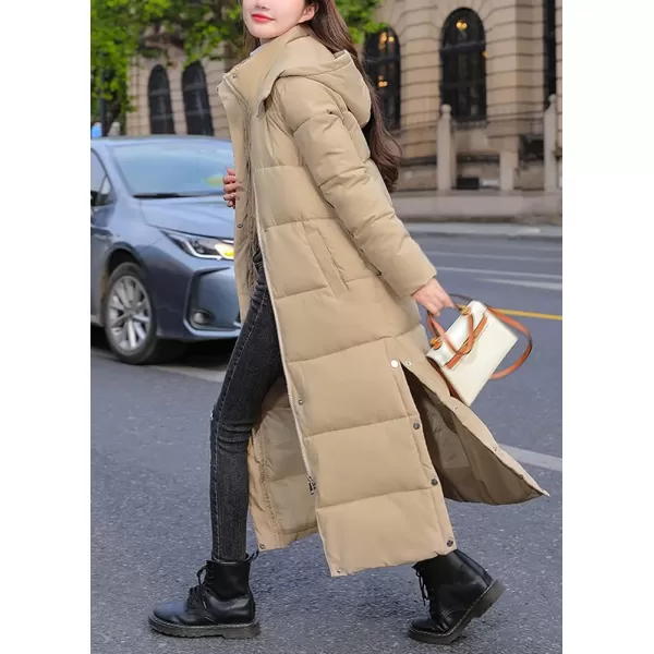 chouyatou Womens Winter Windproof Puffer Coat Hooded Long Quilted Parka Down OuterwearKhaki