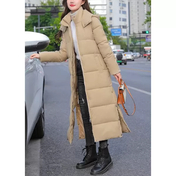 chouyatou Womens Winter Windproof Puffer Coat Hooded Long Quilted Parka Down OuterwearKhaki