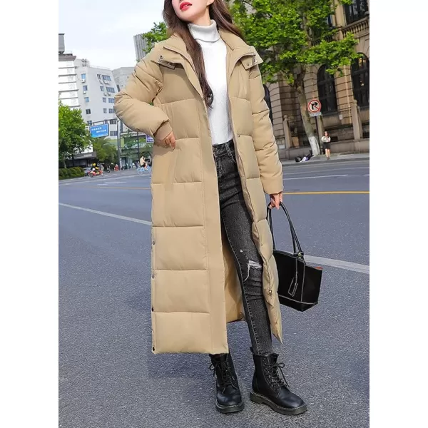 chouyatou Womens Winter Windproof Puffer Coat Hooded Long Quilted Parka Down OuterwearKhaki