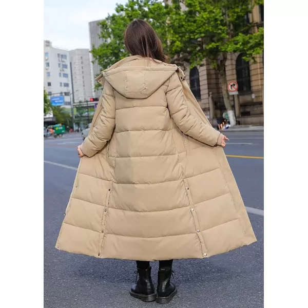 chouyatou Womens Winter Windproof Puffer Coat Hooded Long Quilted Parka Down OuterwearKhaki