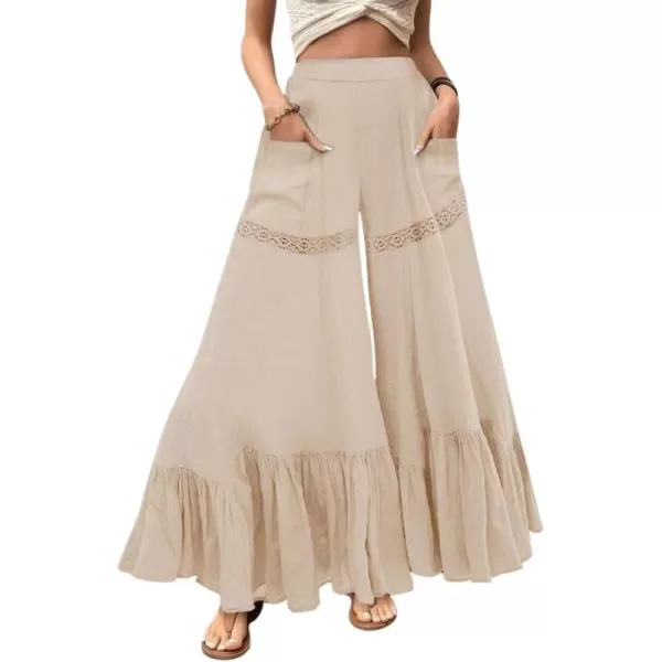 chouyatou Womens Boho Lace Eyelet Wide Leg Palazzo Pants Ruffle Hem High Waisted Culottes with PocketsApricot