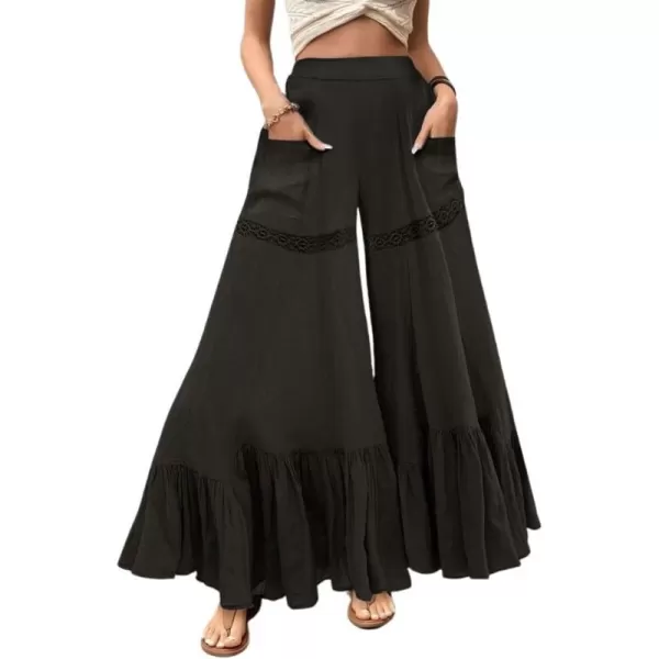 chouyatou Womens Boho Lace Eyelet Wide Leg Palazzo Pants Ruffle Hem High Waisted Culottes with PocketsBlack
