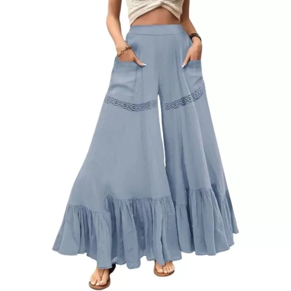chouyatou Womens Boho Lace Eyelet Wide Leg Palazzo Pants Ruffle Hem High Waisted Culottes with PocketsBlue
