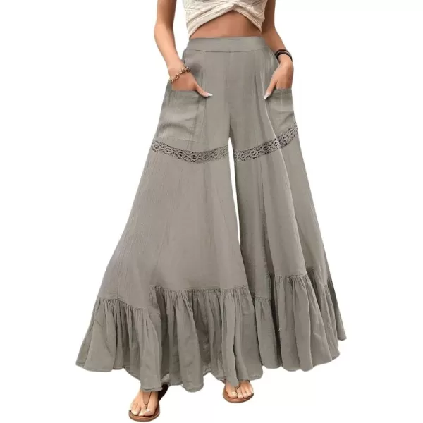 chouyatou Womens Boho Lace Eyelet Wide Leg Palazzo Pants Ruffle Hem High Waisted Culottes with PocketsGray