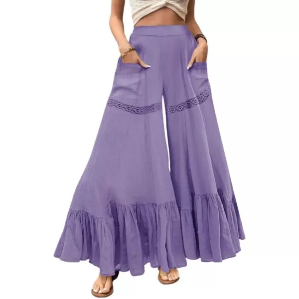 chouyatou Womens Boho Lace Eyelet Wide Leg Palazzo Pants Ruffle Hem High Waisted Culottes with PocketsPurple