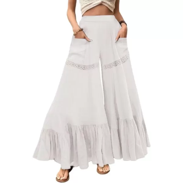 chouyatou Womens Boho Lace Eyelet Wide Leg Palazzo Pants Ruffle Hem High Waisted Culottes with PocketsWhite