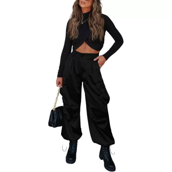 chouyatou Womens Casual Satin Cargo Pants Elastic High Waisted Jogger Parachute Pants Lounge TrousersBlack