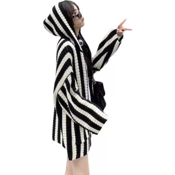 chouyatou Womens Color Block Vertical Striped Open Front Oversized Hooded Cardigan Sweater with PocketBlack White
