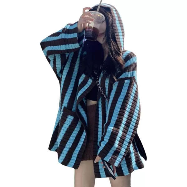 chouyatou Womens Color Block Vertical Striped Open Front Oversized Hooded Cardigan Sweater with PocketBlue