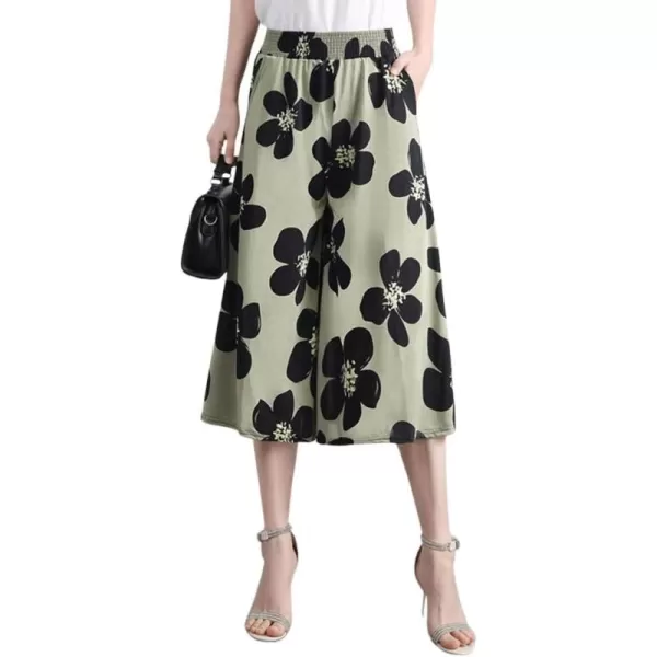 chouyatou Womens Cute Floral Printed Elastic Waist Wide Leg Capris Dressy Casual Flowy Culottes with PocketsGreen