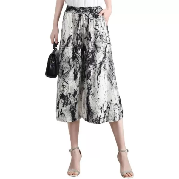 chouyatou Womens Cute Floral Printed Elastic Waist Wide Leg Capris Dressy Casual Flowy Culottes with PocketsInk Painting