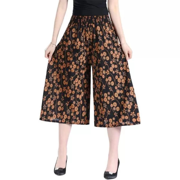 chouyatou Womens Cute Floral Printed Elastic Waist Wide Leg Capris Dressy Casual Flowy Culottes with PocketsOrange