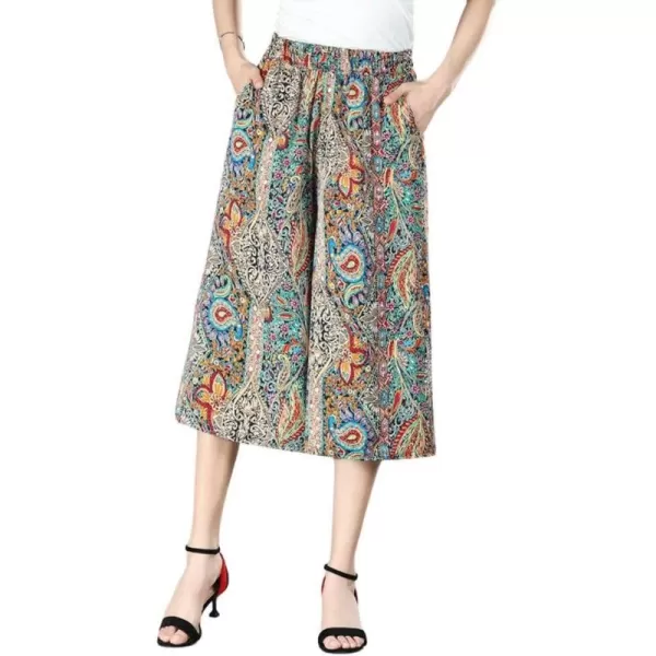chouyatou Womens Cute Floral Printed Elastic Waist Wide Leg Capris Dressy Casual Flowy Culottes with PocketsPaisley