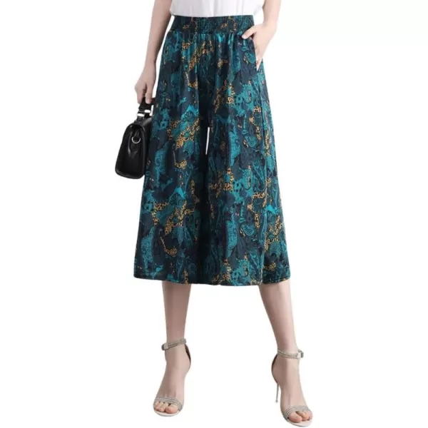 chouyatou Womens Cute Floral Printed Elastic Waist Wide Leg Capris Dressy Casual Flowy Culottes with PocketsPeacock Blue