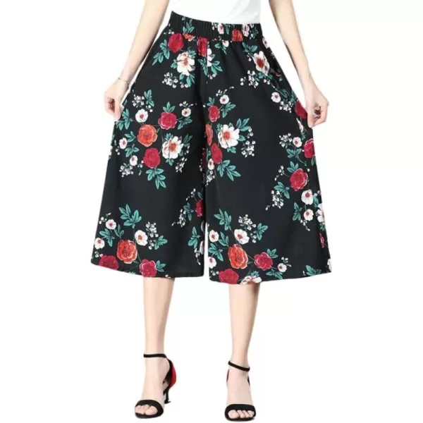 chouyatou Womens Cute Floral Printed Elastic Waist Wide Leg Capris Dressy Casual Flowy Culottes with PocketsRed Flower
