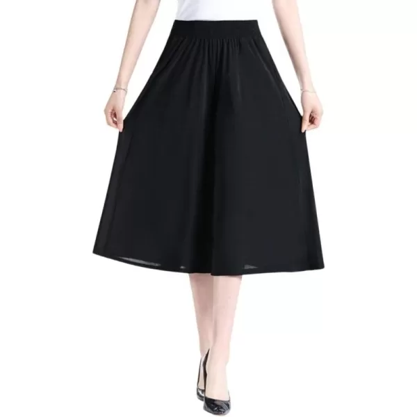 chouyatou Womens Cute Floral Printed Elastic Waist Wide Leg Capris Dressy Casual Flowy Culottes with PocketsSolid Black