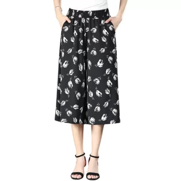 chouyatou Womens Cute Floral Printed Elastic Waist Wide Leg Capris Dressy Casual Flowy Culottes with PocketsWhite Flower