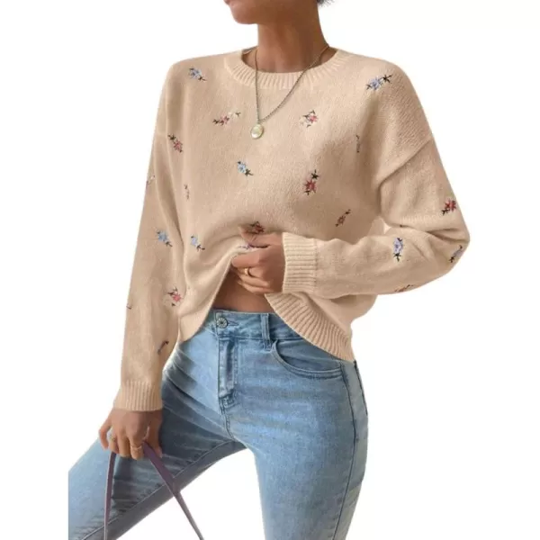 chouyatou Womens Ditsy Floral Embroidered Pullover Sweater Color Block Loose Fit Knit Jumper TopsKhaki