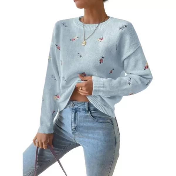 chouyatou Womens Ditsy Floral Embroidered Pullover Sweater Color Block Loose Fit Knit Jumper TopsSky Blue