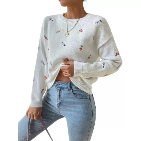 chouyatou Womens Ditsy Floral Embroidered Pullover Sweater Color Block Loose Fit Knit Jumper TopsWhite